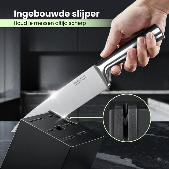 Ensemble de couteaux MoreCore avec bloc et aiguiseur - Bloc à couteaux - Couteaux de cuisine - Ciseaux de cuisine inclus - Couteau de chef - Résistant aux rayures - Acier inoxydable - Couleur argentée/noire - Cadeau pour la fête des pères