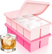 Lxndaser : lot de 2 bacs à glaçons grands formats avec couvercle - 16 glaçons carrés de 4,6 cm - Étanches et empilables - Rose foncé et rose clair
