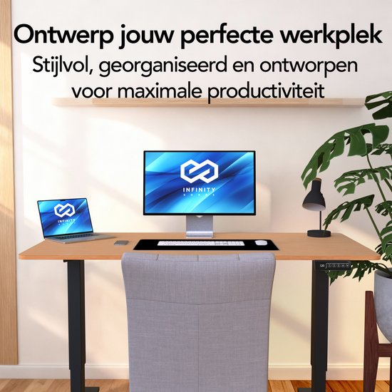 Bureau assis-debout Infinity Goods à réglage électrique - 140 x 60 cm - Fonction mémoire - Couleur bois