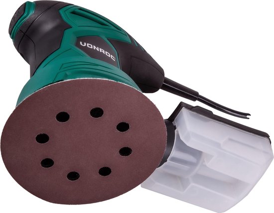 VONROC Ponceuse à orbite aléatoire - 300W - Ø125mm - Avec boîte de collecte des poussières et 12 morceaux de papier de verre