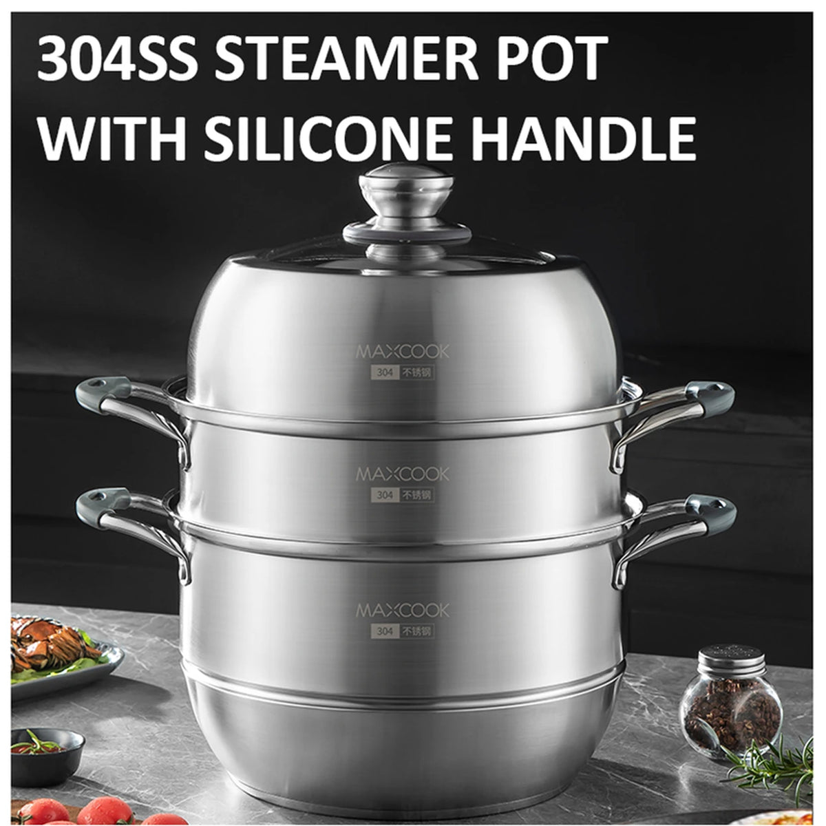 Casserole à vapeur Maxcook à 3 couches, 28 cm - acier inoxydable 304 - compatible induction et gaz