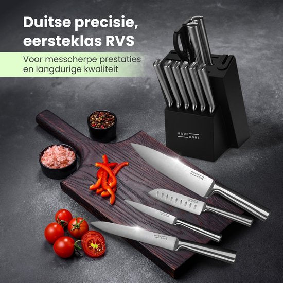 Ensemble de couteaux MoreCore avec bloc et aiguiseur - Bloc à couteaux - Couteaux de cuisine - Ciseaux de cuisine inclus - Couteau de chef - Résistant aux rayures - Acier inoxydable - Couleur argentée/noire - Cadeau pour la fête des pères