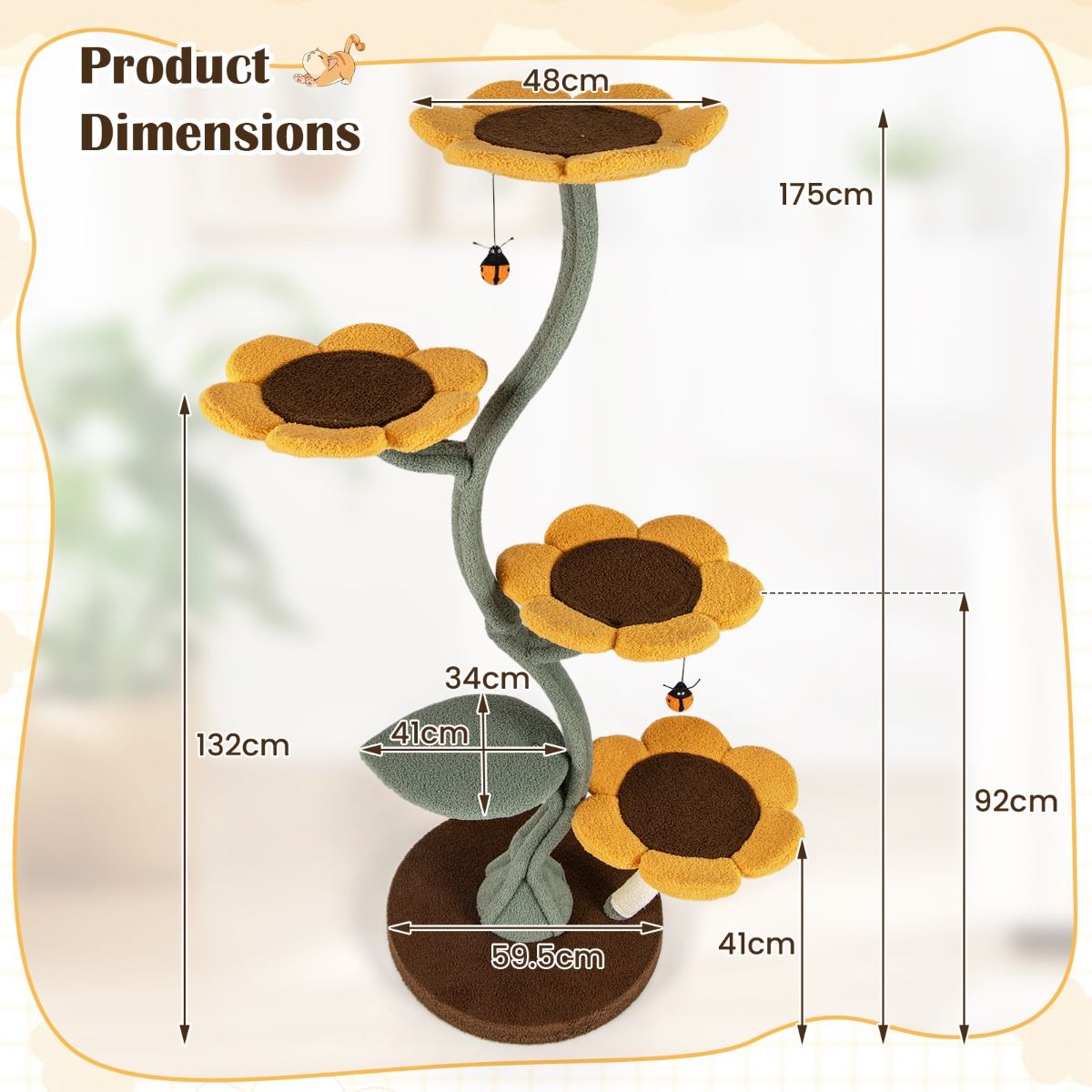 Arbre à chat Coast - motif tournesol - 5 plateformes - jaune, marron et vert - 175 cm
