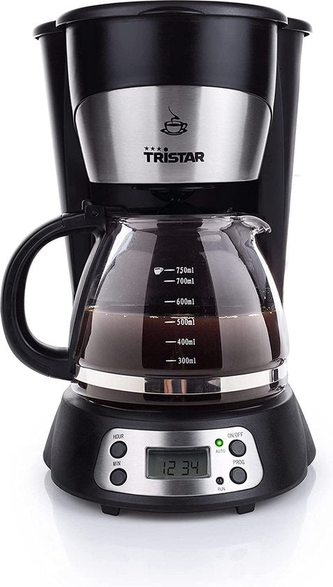 Cafetière Tristar CM-1235 - Cafetière à filtre 750 ml - Adaptée au camping - Fonctions numériques et minuterie - Pichet en verre, filtre à café amovible - 7 tasses - Noir