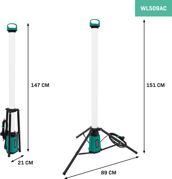 VONROC PRO Lampe de chantier 360° - LED - 76W - avec trépied/trépied - Très puissant : 11.500 lumens - hauteur : 151 cm - câble de 5 mètres