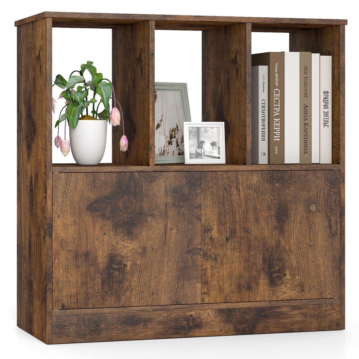 Bibliothèque Coast avec 3 compartiments ouverts et 2 portes - design moderne - marron - 70 x 30 x 70 cm