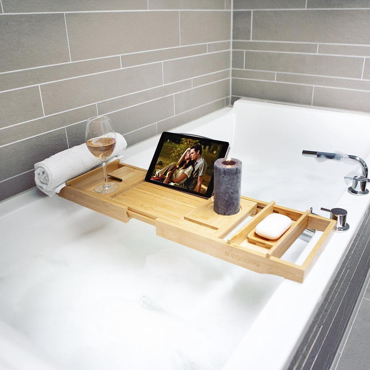 Planche de bain LifeGoods - extensible - pour salle de bain - 74,5 à 108,5 cm - avec support - Bois