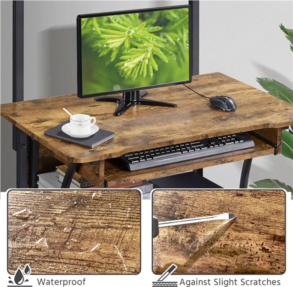 Bureau d'ordinateur Yaheetech avec étagères de rangement et roulettes - 80,5 x 60 x 132 cm - Marron rustique