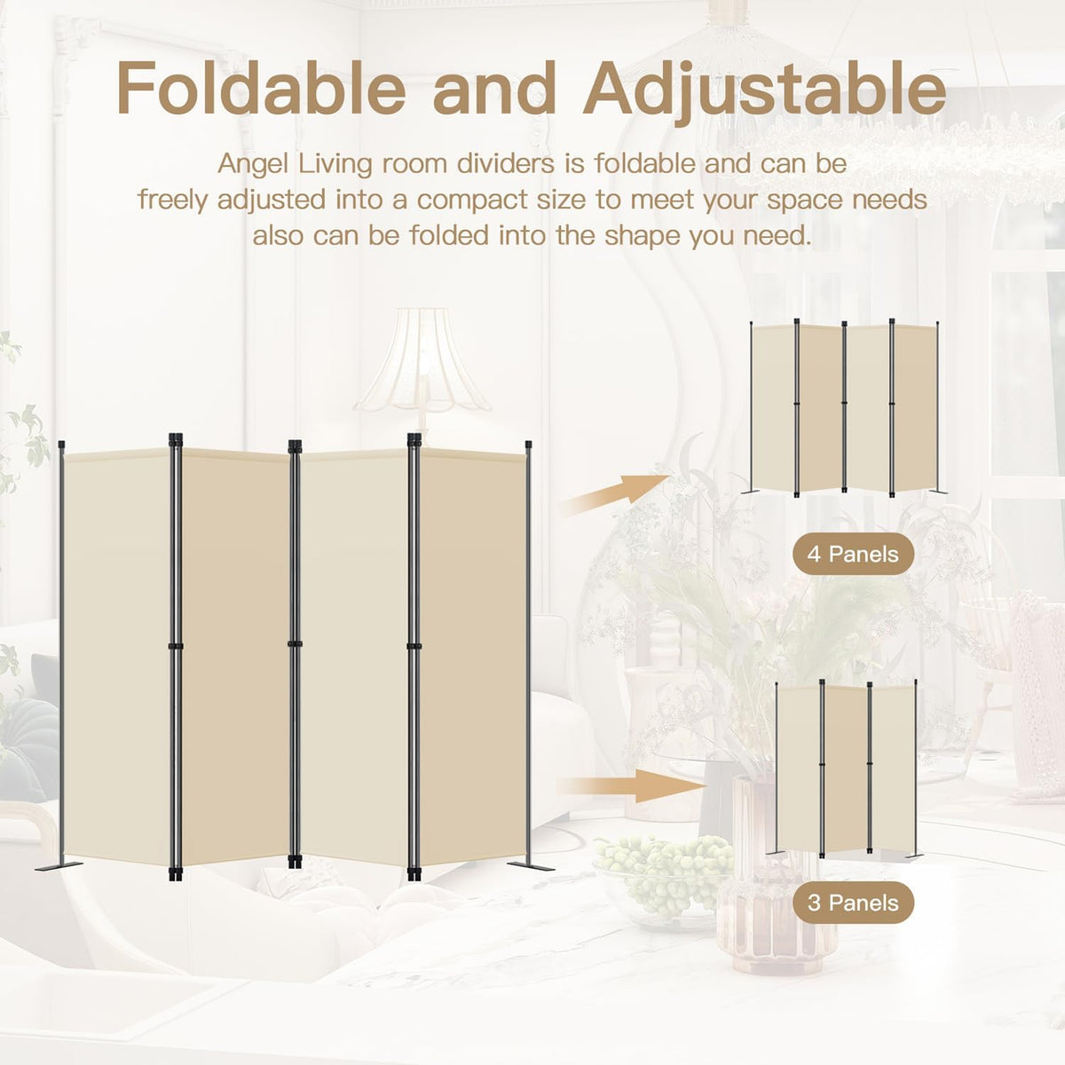 Angel Living Paravent de chambre - 4 pièces - 224x165 cm - Pliable - Acier et polyester - Séparation de pièces et intimité - Beige