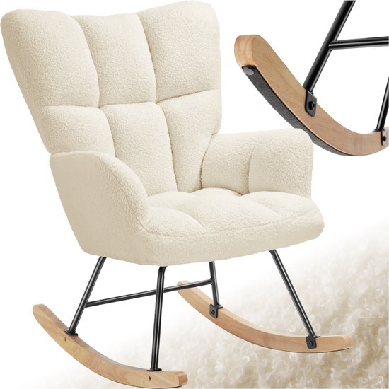 tectake® Rocking Chair Torve - Fauteuil à bascule en tissu bouclé de style scandinave - Fauteuil de relaxation avec patins en bois, revêtement souple et dossier haut pour un confort optimal - 70 x 96 x 97 cm - Beige