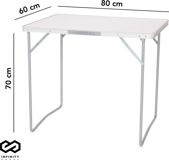Infinity Goods Table de camping - Pliante - Table de jardin - 80x60x70 cm - Extérieur/intérieur - Poignée de transport - Compacte - Aluminium - Blanc