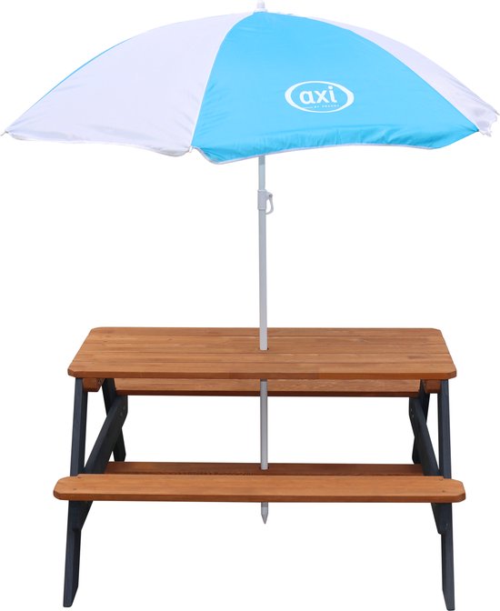 Table de pique-nique AXI Nick Anthracite/marron - Parasol Bleu/blanc - Table de pique-nique pour enfants en bois FSC