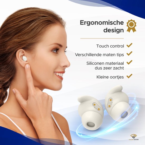 Bouchons d'oreille Golden Sound pour dormir - Écouteurs sans fil - Écouteurs sans fil - Sleep Plugs - Réduction active du bruit 24 dB - Bouchons d'oreille pour dormir - Compatibles avec tous les ordinateurs portables et smartphones - Blanc