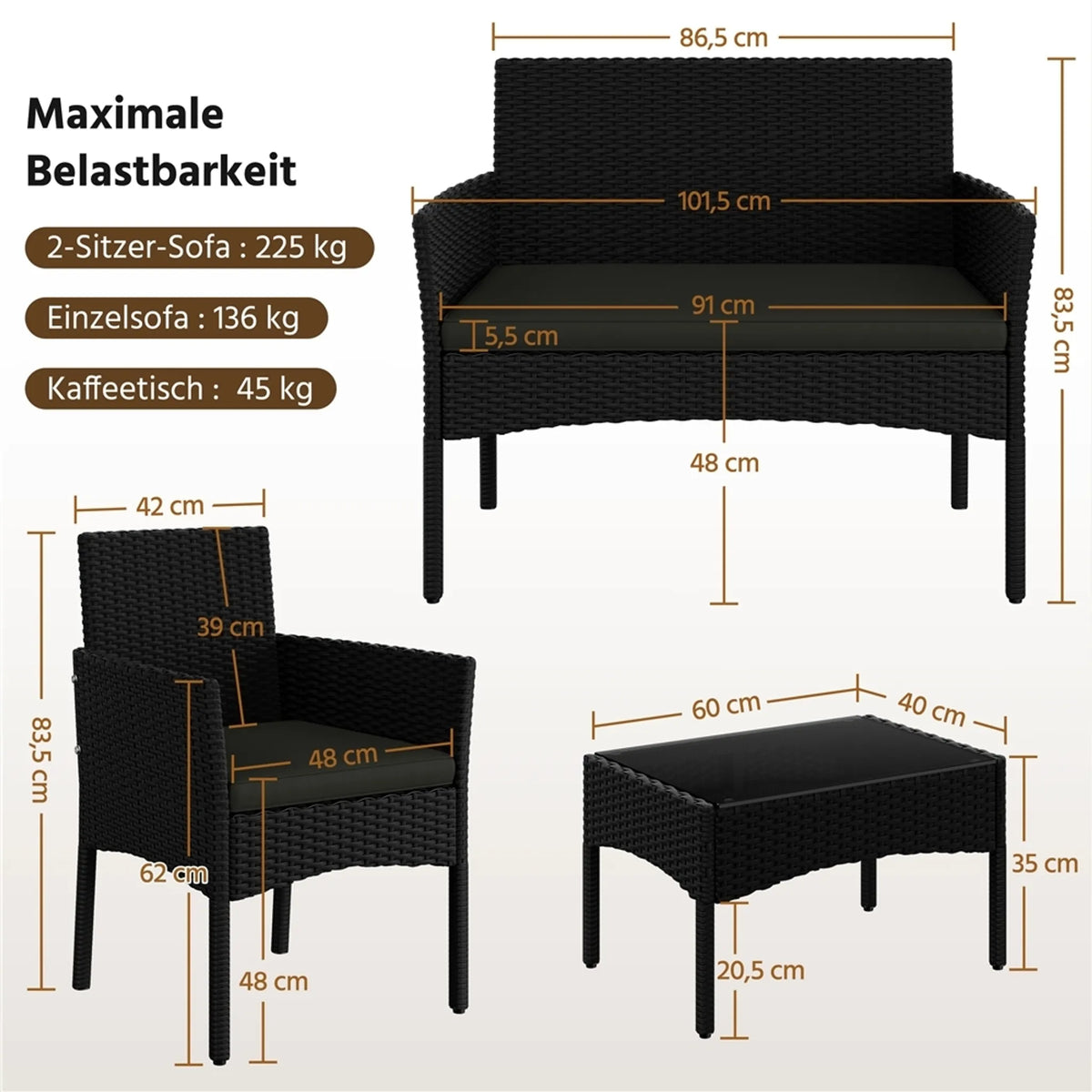 Yaheetech Garden Set Lounge Set 4-Piece - 100 x 59.5 x 83.5 cm - Equipé d'un plateau de table en PE-Rattan tressé à la main et de coussins lavables - Pour le jardin et le balcon - Polyéthylène noir et métal