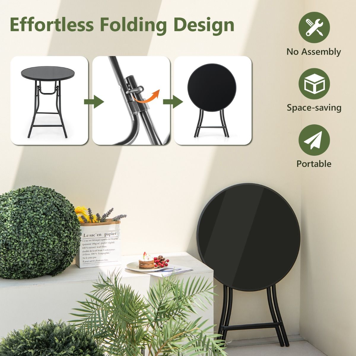 Coast Round Foldable Bistro Table 59x67 cm Black - Table de terrasse et de cocktail en verre trempé et structure métallique