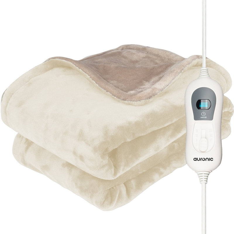Couverture chauffante électrique Auronic pour 2 personnes - Beige - 200 x 180 cm - 3 niveaux de chaleur, minuterie