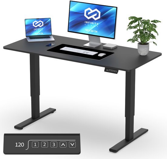 Bureau assis-debout Infinity Goods à réglage électrique - 140 x 60 cm - Fonction mémoire - Noir