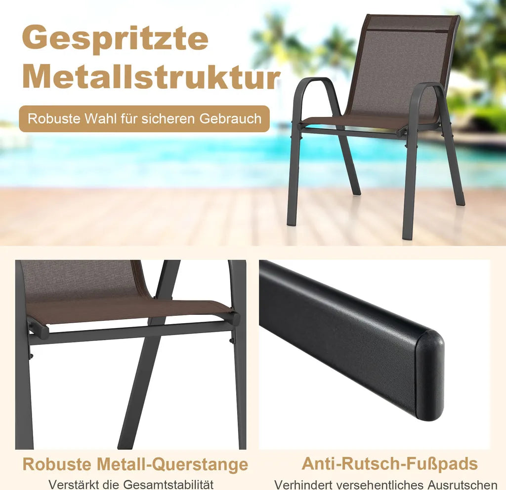 COAST Jeu de 4 chaises de jardin empilables, chaises de balcon, chaises de patio, chaises empilables avec accoudoirs jusqu'à 150 kg, 56 x 70 x 84 cm, marron