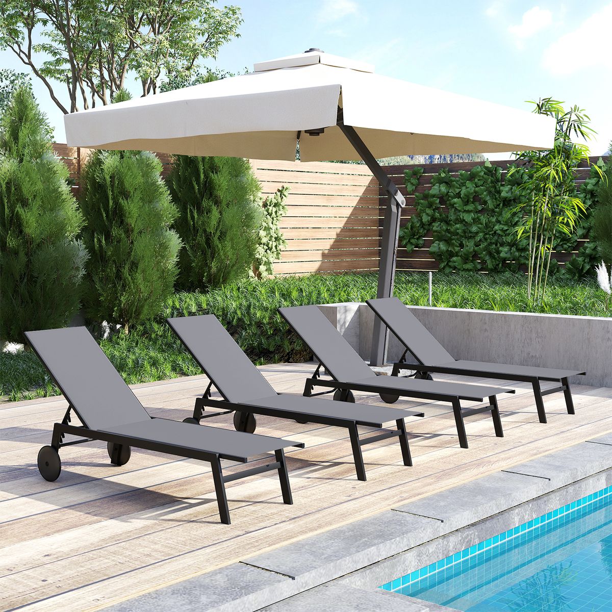 Ensemble de chaises longues de jardin Coast - dossier réglable - sur roulettes - métal et tissu - noir / marron / gris