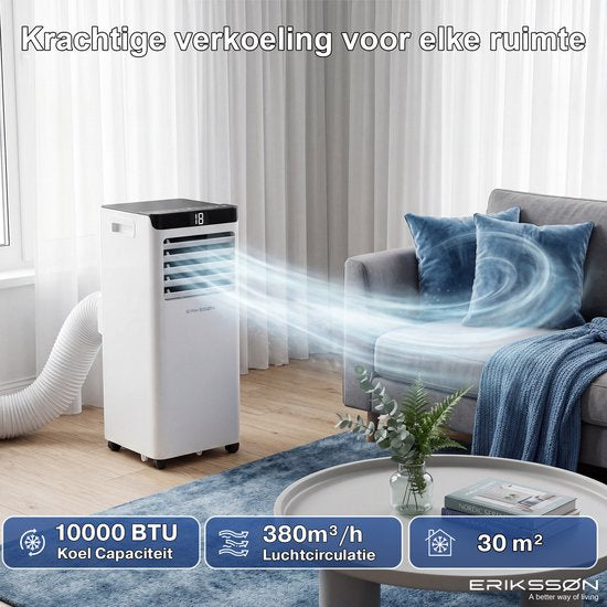 Climatiseur mobile Eriksson - 10 000 BTU - Kit d'étanchéité pour fenêtre inclus - Jusqu'à 30 m² - 4-en-1 - Climatisation - Ventilateur - Déshumidificateur - Blanc