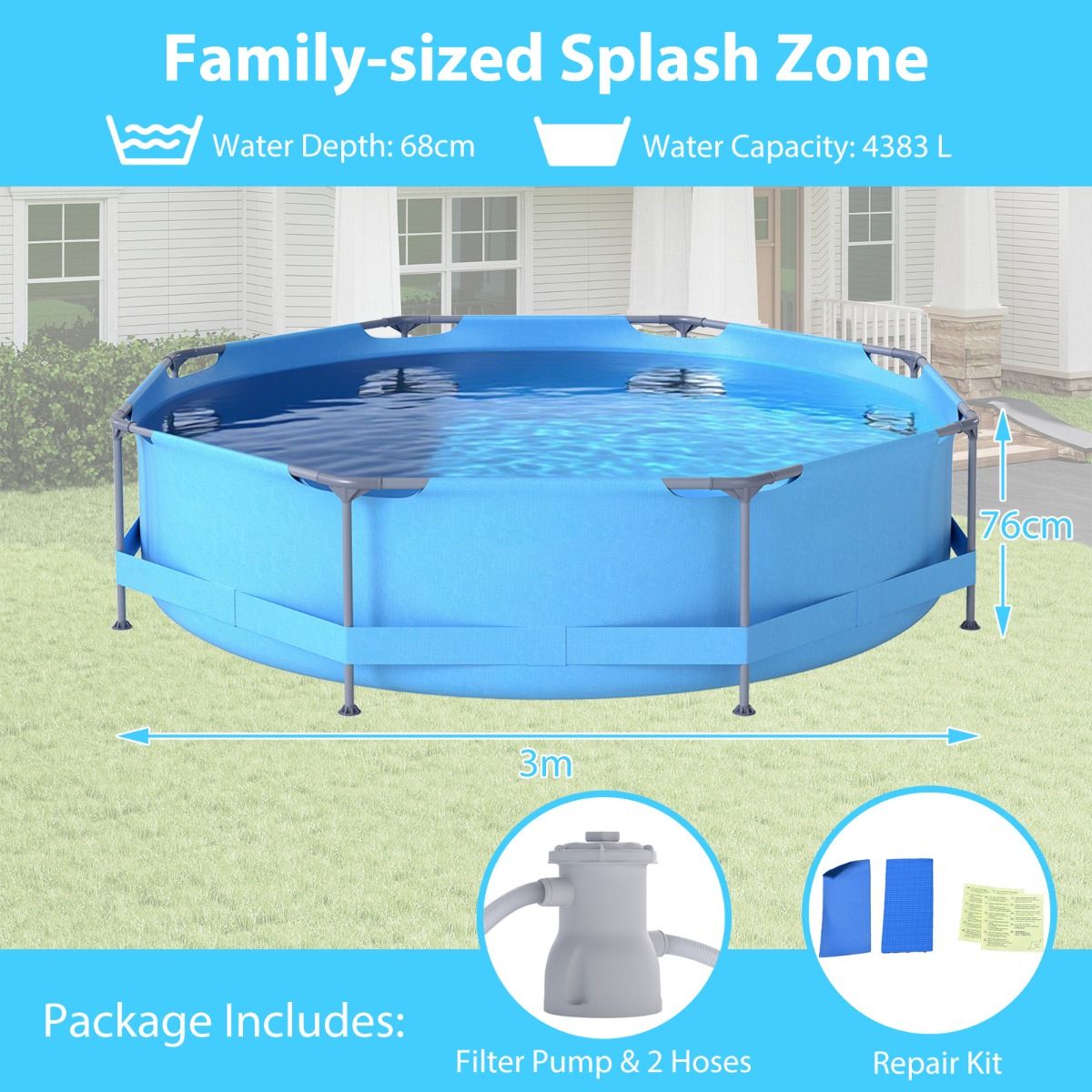 Piscine hors sol Coast - structure ronde - avec pompe de filtration - 3 m x 76 cm - bleue