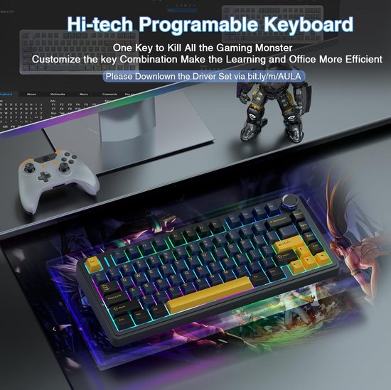 AULA F75 - Clavier gaming sans fil - Mécanique - Gasket - Hot Swap - Claviers QWERTY - Tri-mode - 80 touches - Noir tonnerre