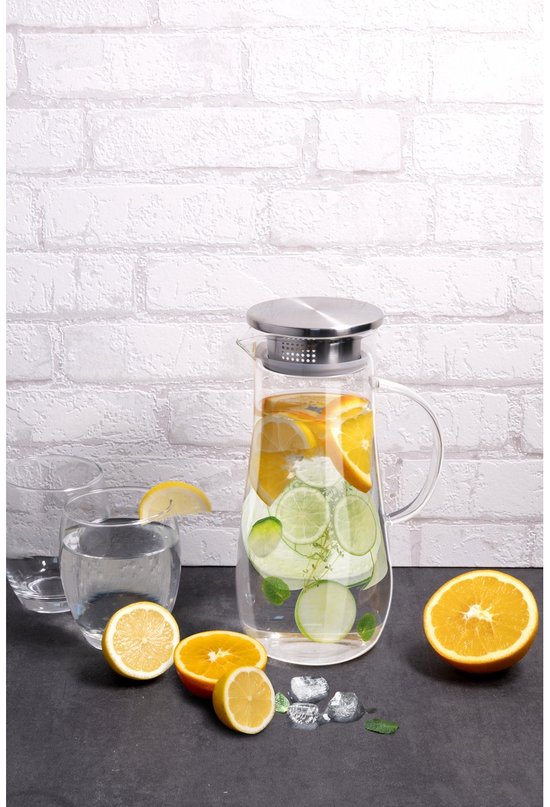 Pichet en verre Alpina 1,4 L - Pichet avec couvercle et filtre en acier inoxydable - Carafe en verre borosilicaté - Pichet transparent pour boissons froides et chaudes