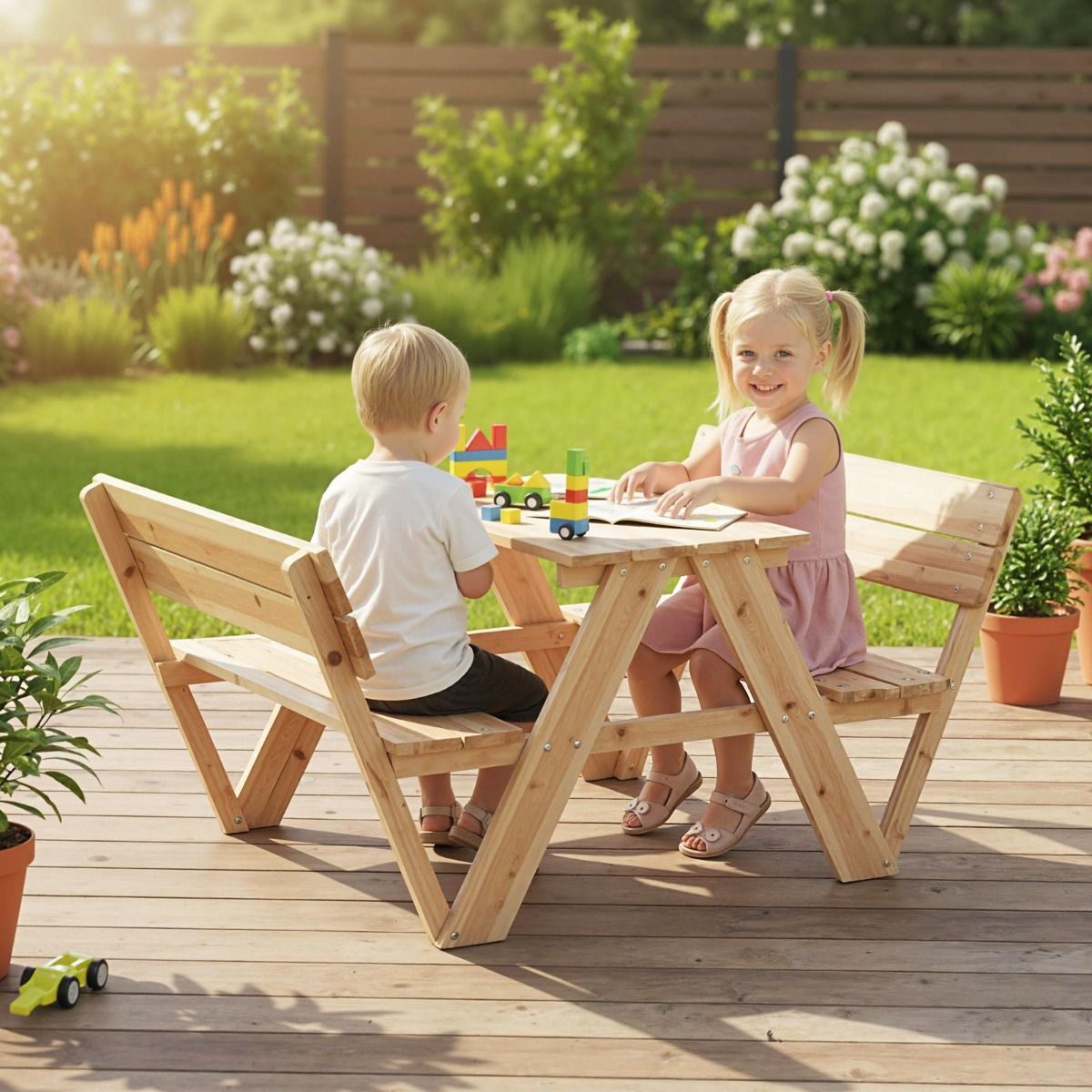Table de pique-nique pour enfants Coast - ensemble de table et bancs en bois pour tout-petits - avec dossier - couleur naturelle