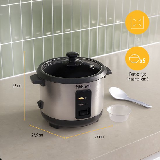 Cuiseur à riz Tristar 1 L - RK-6146 - 4 à 6 personnes - Protection contre la cuisson à sec, fonction de maintien au chaud - Cuve amovible