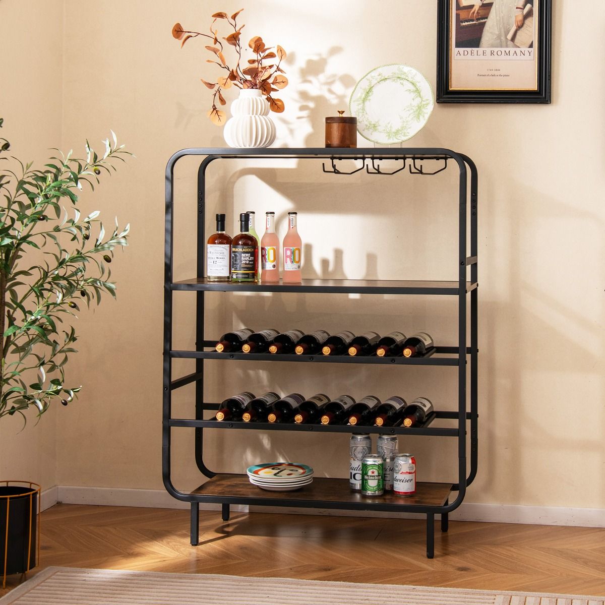 Étagère à vin Coast - cinq étages - porte-verres et plateau - noir et marron rustique - 91 x 35 x 117 cm
