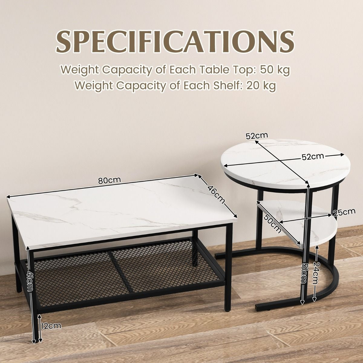 Coast Side Table - Set of 2 - Marble print - White/Black