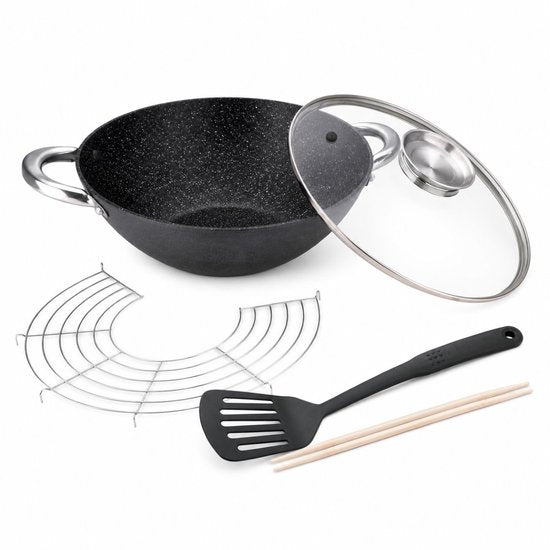 Wok en fonte 28 cm – Sans PFAS – Bouton aromatique – Couvercle – Induction – Wok Wasabi