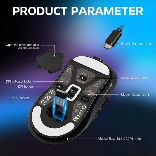 Souris gaming sans fil ATTACK SHARK - Filaire/2,4 GHz/BT 5.4 - Légère (49 g) - PAW3395 - 26 000 DPI - Noire