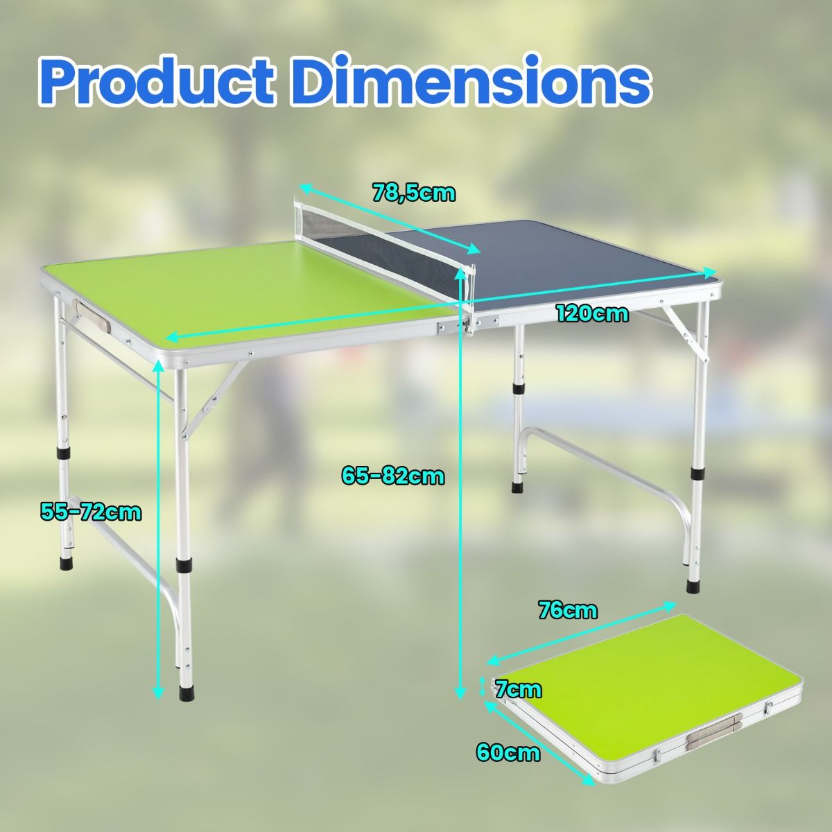 Table de ping-pong Coast Mini - Pliable - Hauteur réglable - 120 x 76 cm - Vert, bleu, argent