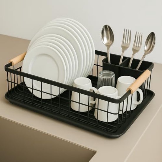 JOHSEATY porte-vaisselle avec poignée en bois - 42 x 32 cm, inoxydable avec porte-couverts, porte-vaisselle, porte-vaisselle, porte-vaisselle de cuisine, porte-vaisselle