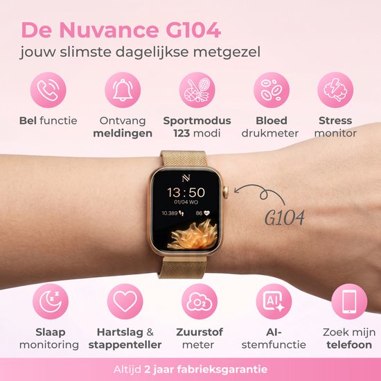 Montre connectée Nuvance pour femme - Montre podomètre pour femme - Cardiofréquencemètre - Montre de sport - Compatible iOS/Android - Écran AMOLED - 5 bracelets inclus - Couleur or