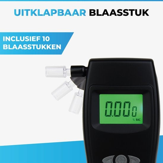TIKKENS® Ethylotest numérique - Convient pour la France, les Pays-Bas, la Belgique, ... - Ethylotest - USB Rechargeable - Ethylotest - 10 embouts supplémentaires - Noir