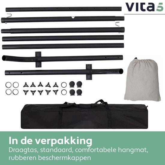 Vita5 Hamac avec support - 2 personnes - longueur réglable - sac de transport inclus - poids 205 kg - gris