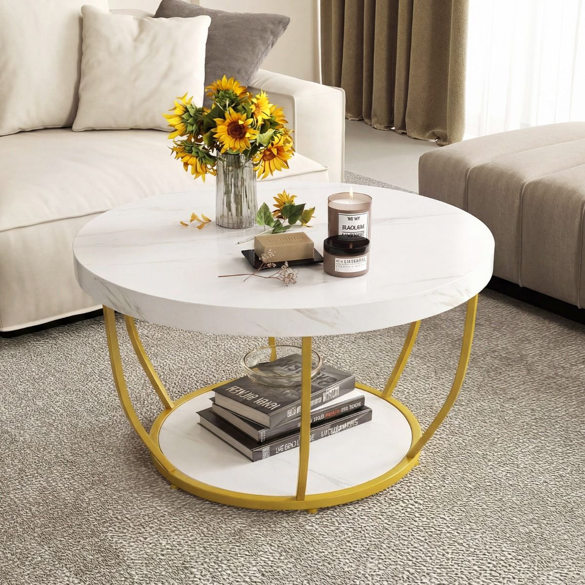 Table basse ronde Coast - 2 niveaux - structure métallique - blanche - 80 x 45 cm
