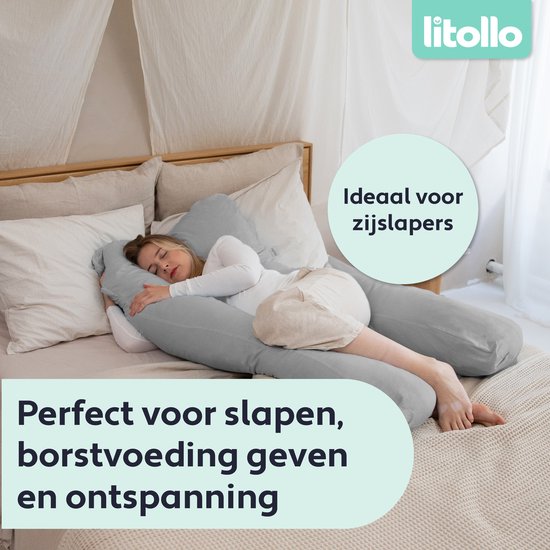 Oreiller de grossesse Litollo® XXL | Oreiller d'allaitement | Oreiller de corps | 280 cm | Tissu polaire doux | Housse amovible | Gris