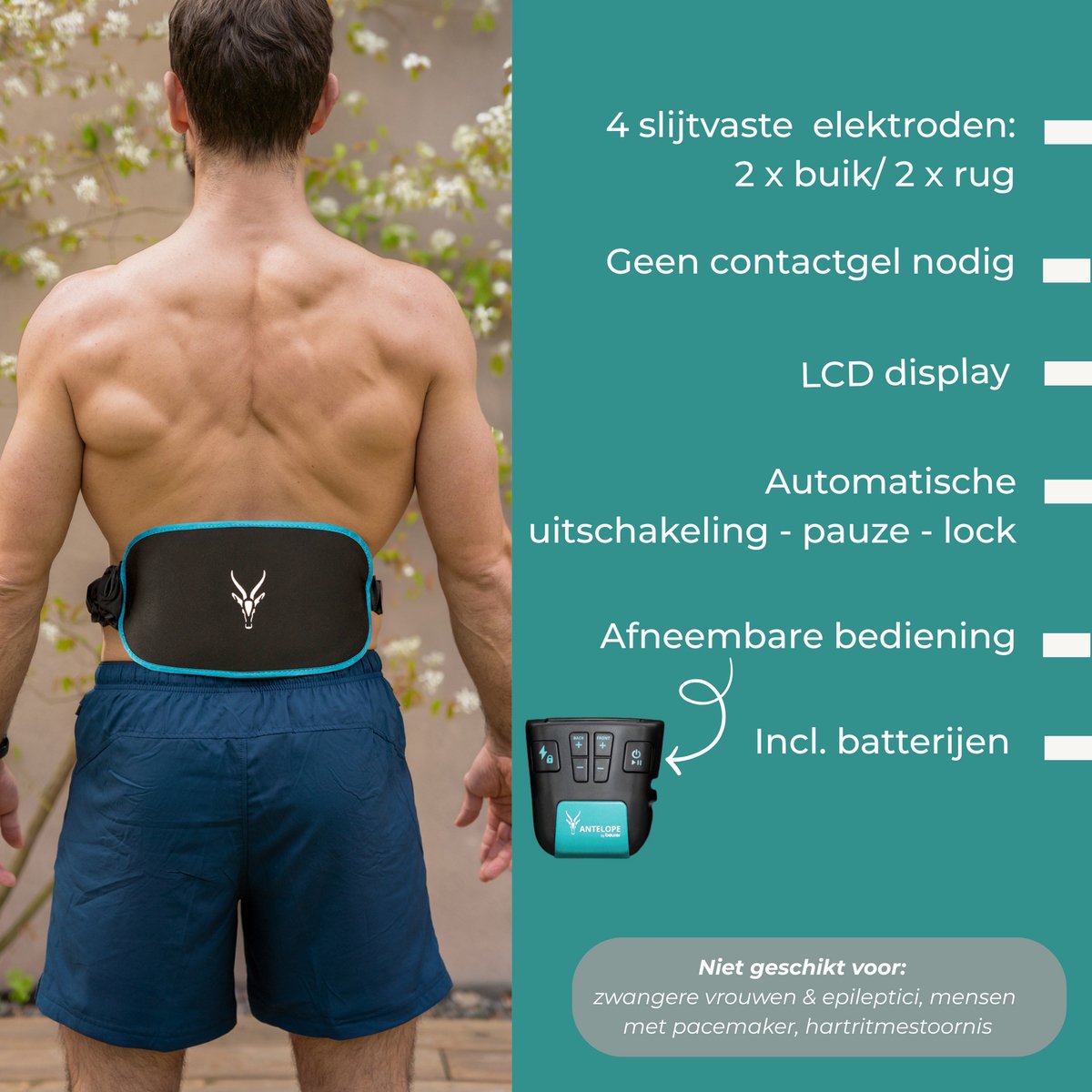 Antelope Corefit II EMS Trainer - Entraînement électrique des muscles abdominaux et dorsaux - 9 programmes - intensité réglable - taille 75-130 cm - piles incluses - pour hommes et femmes