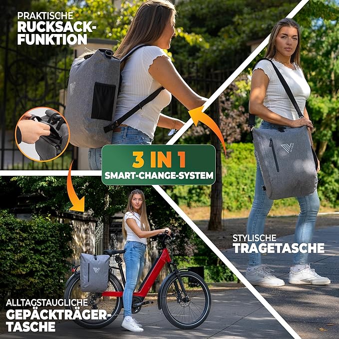 MIVELO 3-in-1 Pannier - Sac à dos et sac à bandoulière - Imperméable avec compartiment pour ordinateur portable et serrure - 20L - Gris