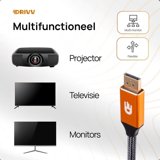 Drivv. Câble Displayport - 8K 60Hz - 4K 144 Hz - 32.4GBps - Displayport 1.4 - Câble DP - 1 mètre