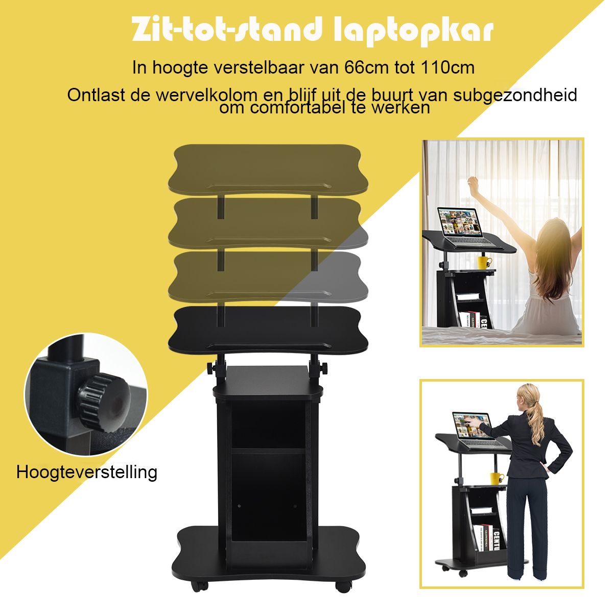 Chariot pour ordinateur portable Coast - réglable en hauteur - plateau inclinable - avec espace de rangement - noir