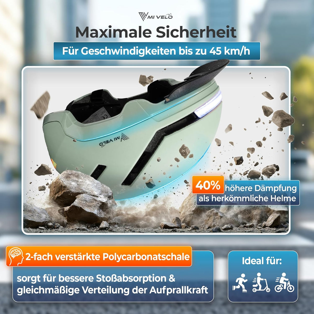 Mivelo Casque de vélo unisexe NOVA - Avec lumière - Certifié NTA jusqu'à 45km/h - Menthe - Taille L (57-61 cm)