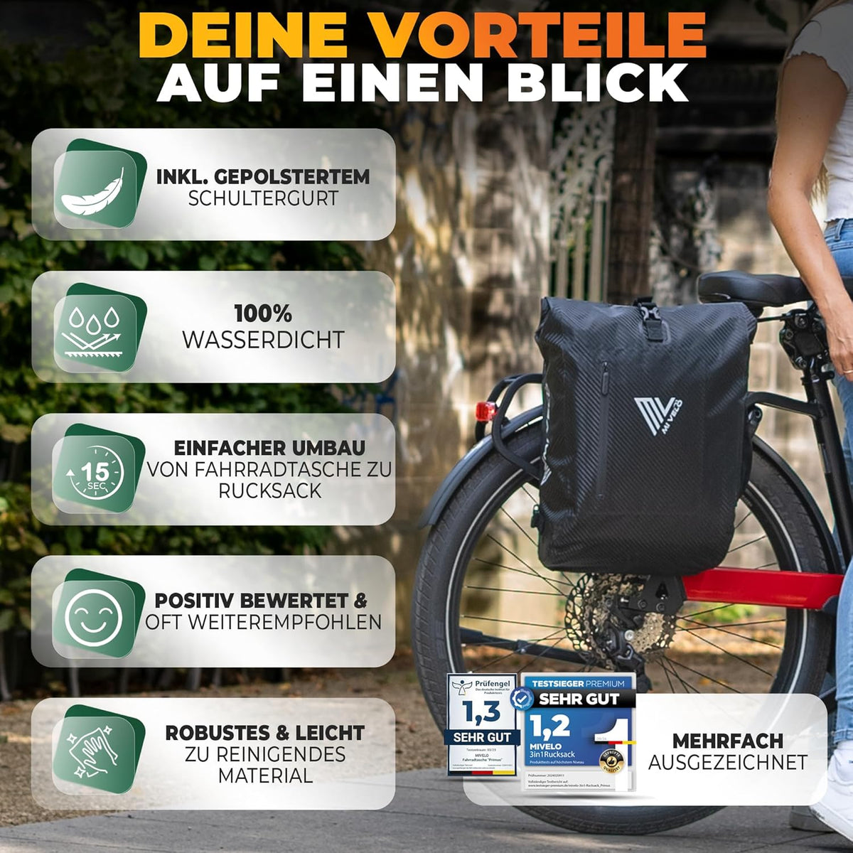 MIVELO PRIMUS - Sacoche étanche 3-en-1 avec compartiment pour ordinateur portable et fermeture - Carbone - 20 L