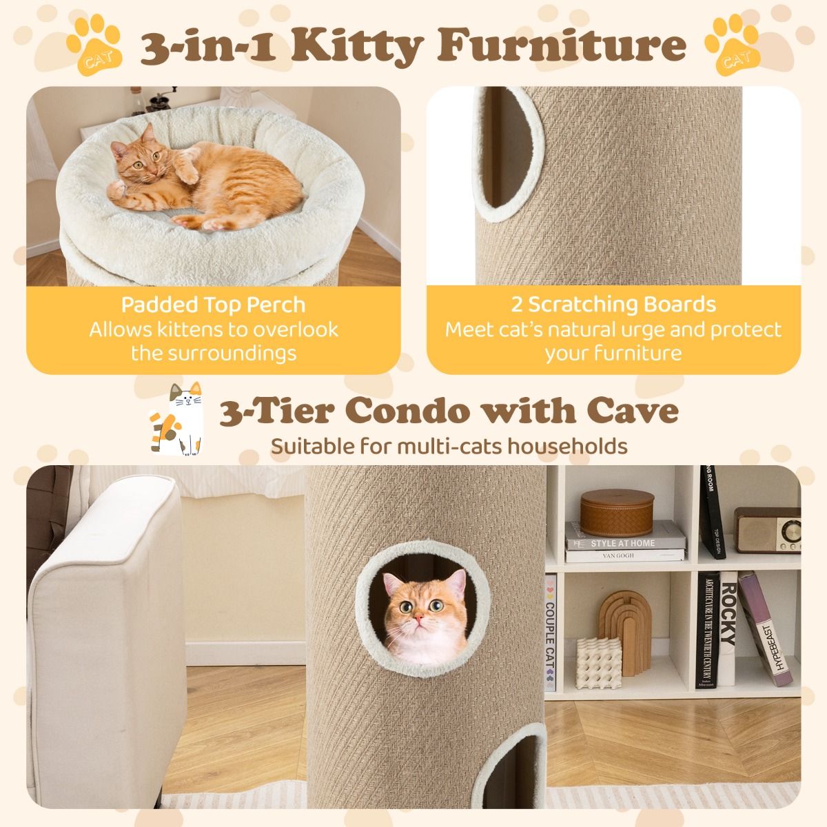 Maison pour chat Coast à quatre étages - Lit en peluche - Arbres à chat en sisal - Marron 43 x 43 x 113 cm