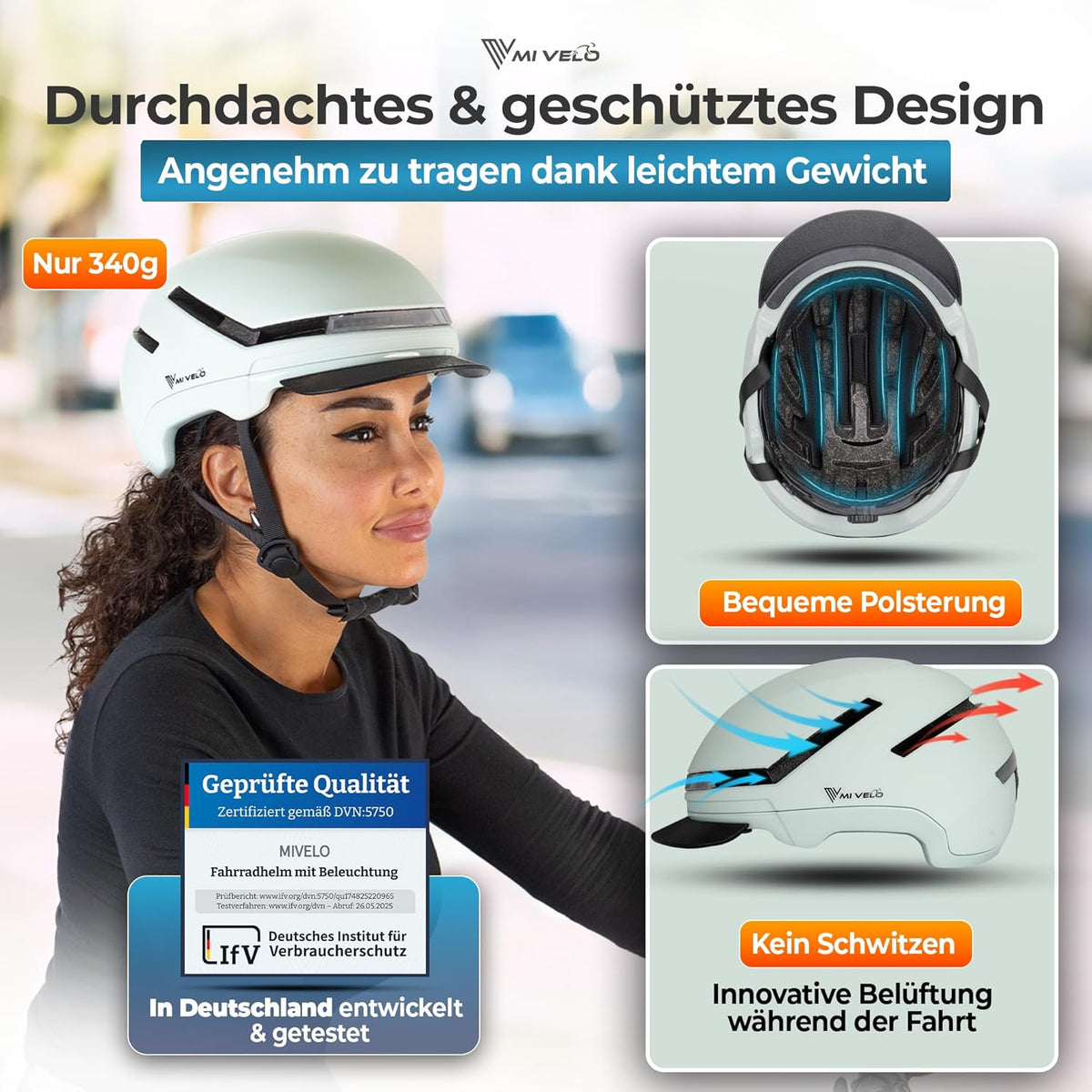 Mivelo Casque de vélo unisexe NOVA - Avec lumière - Certifié NTA jusqu'à 45km/h - Menthe - Taille L (57-61 cm)
