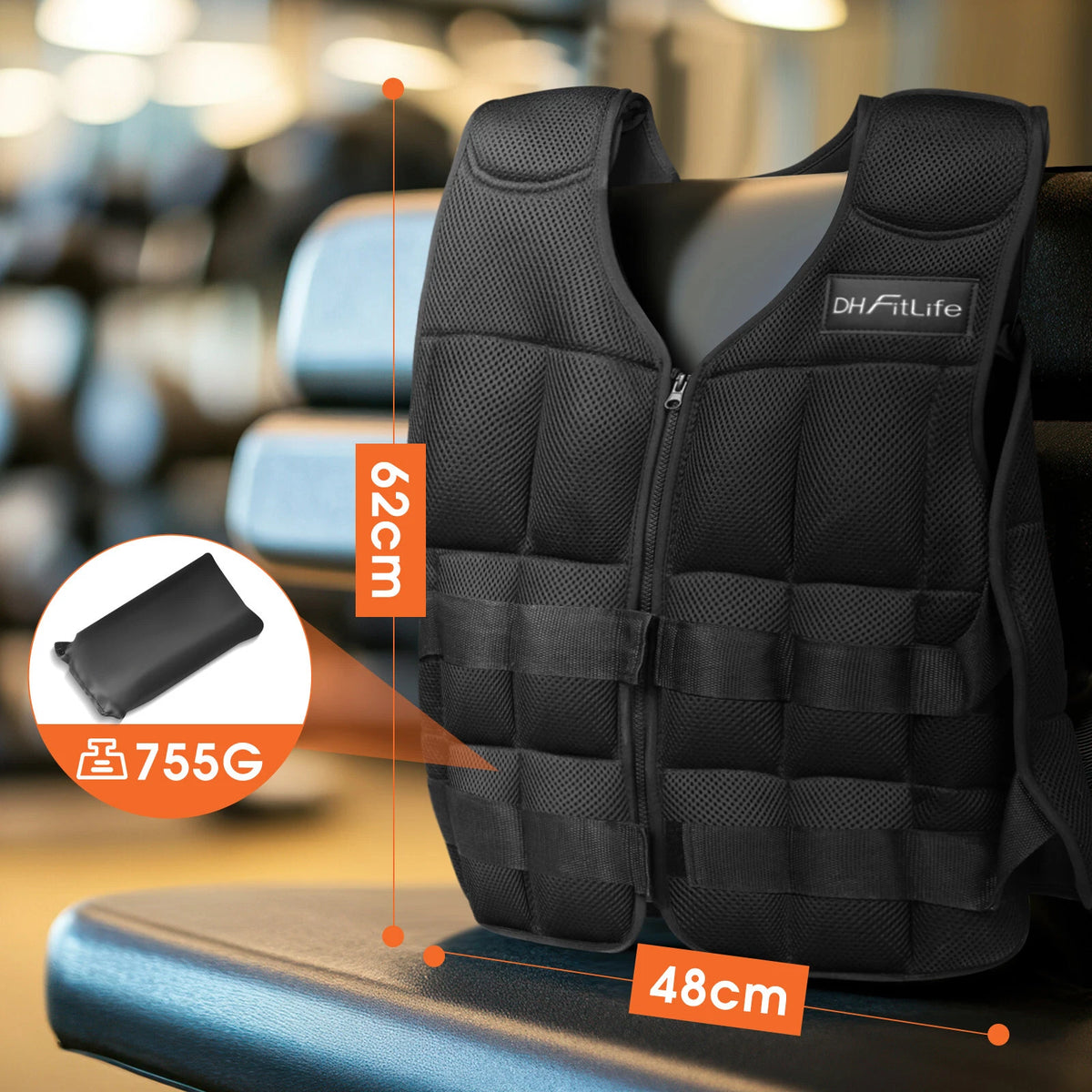 Gilet lesté réglable DH FitLife - 1 à 20 kg - 38 blocs de poids amovibles - 48 x 62 cm - Noir