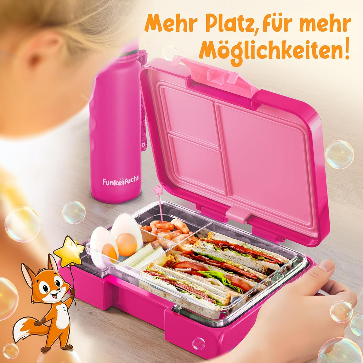 Funkelfuchs® - Boîte à lunch pour enfants avec compartiments - 500ml, rose - Boîte à lunch étoile, petite - Boîte à snack, boîte à snack, boîte à lunch, boîte à repas, boîte à bento pour enfants - pour l'école, la garderie et le jardin d'enfants
